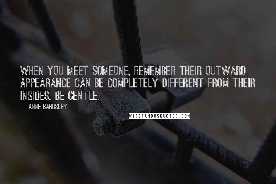 Anne Bardsley Quotes: When you meet someone, remember their outward appearance can be completely different from their insides. Be gentle.