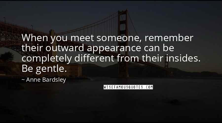 Anne Bardsley Quotes: When you meet someone, remember their outward appearance can be completely different from their insides. Be gentle.