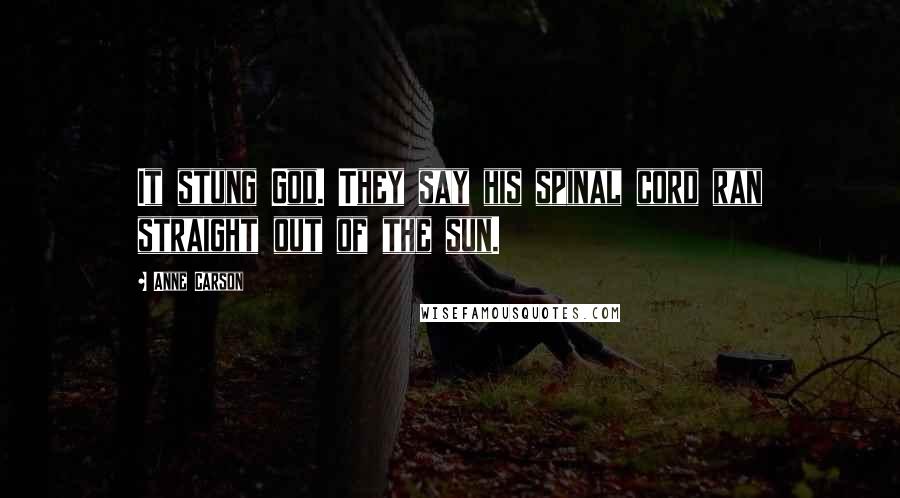 Anne Carson Quotes: It stung God. They say his spinal cord ran straight out of the sun.