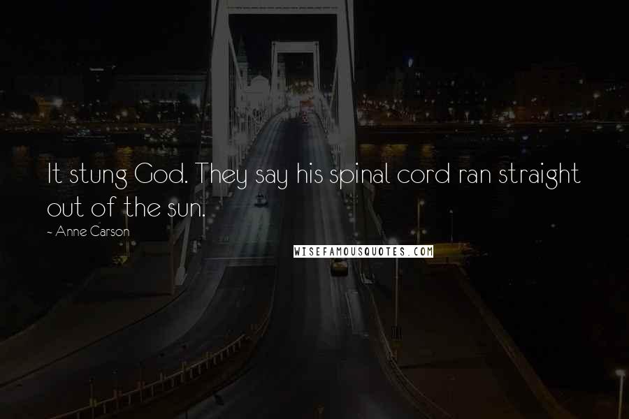 Anne Carson Quotes: It stung God. They say his spinal cord ran straight out of the sun.