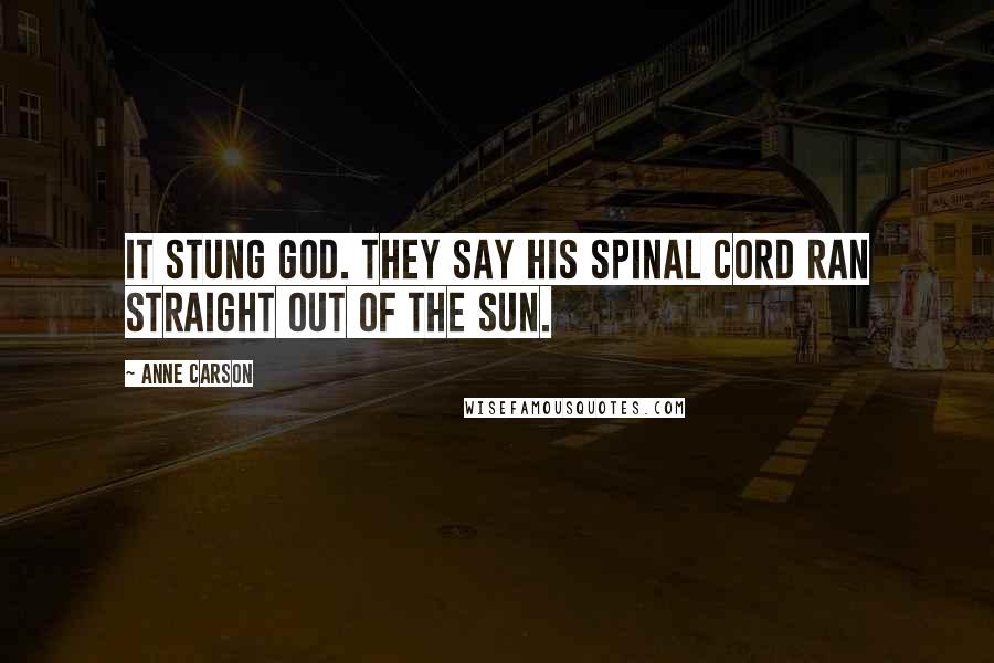 Anne Carson Quotes: It stung God. They say his spinal cord ran straight out of the sun.