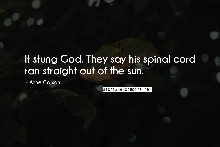 Anne Carson Quotes: It stung God. They say his spinal cord ran straight out of the sun.