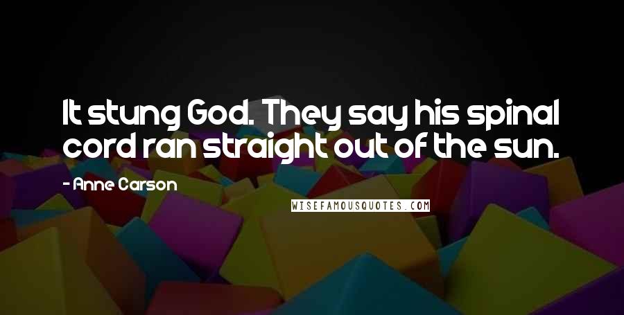 Anne Carson Quotes: It stung God. They say his spinal cord ran straight out of the sun.