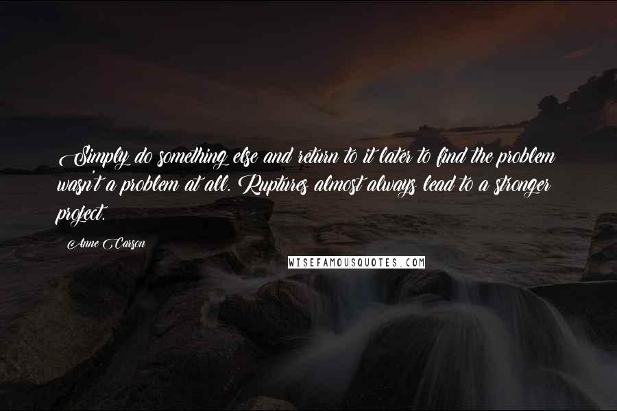 Anne Carson Quotes: Simply do something else and return to it later to find the problem wasn't a problem at all. Ruptures almost always lead to a stronger project.