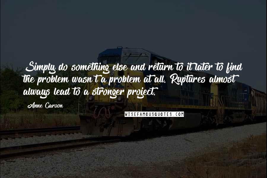 Anne Carson Quotes: Simply do something else and return to it later to find the problem wasn't a problem at all. Ruptures almost always lead to a stronger project.