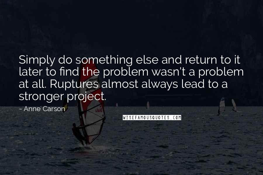 Anne Carson Quotes: Simply do something else and return to it later to find the problem wasn't a problem at all. Ruptures almost always lead to a stronger project.