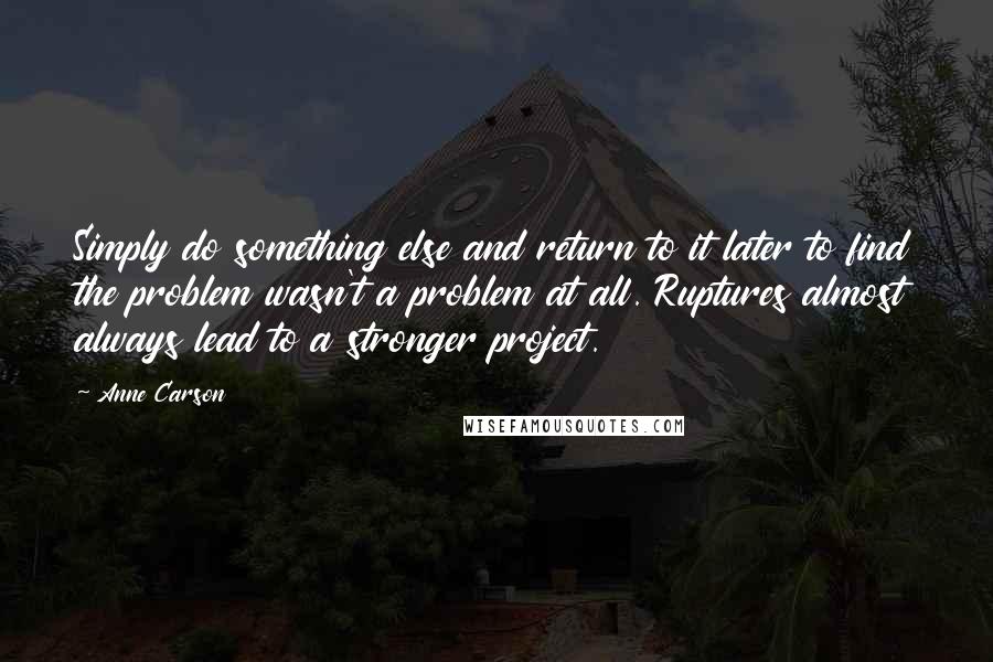 Anne Carson Quotes: Simply do something else and return to it later to find the problem wasn't a problem at all. Ruptures almost always lead to a stronger project.