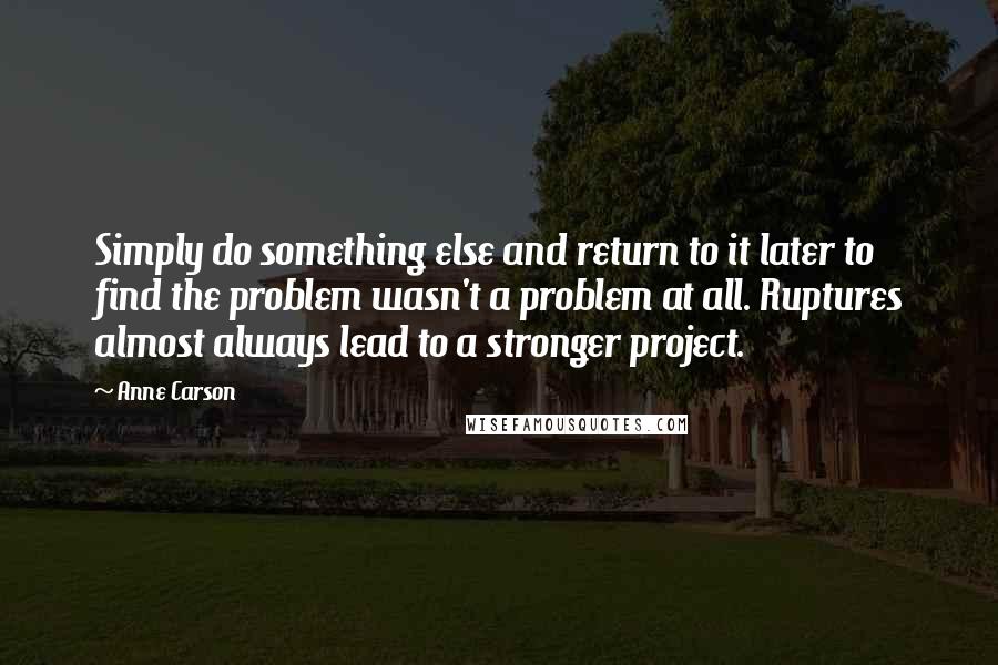 Anne Carson Quotes: Simply do something else and return to it later to find the problem wasn't a problem at all. Ruptures almost always lead to a stronger project.