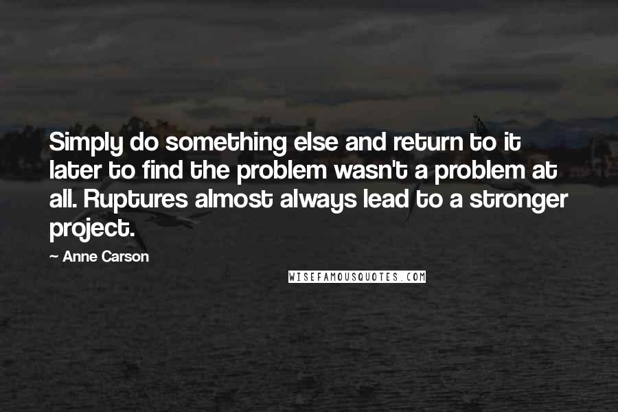 Anne Carson Quotes: Simply do something else and return to it later to find the problem wasn't a problem at all. Ruptures almost always lead to a stronger project.