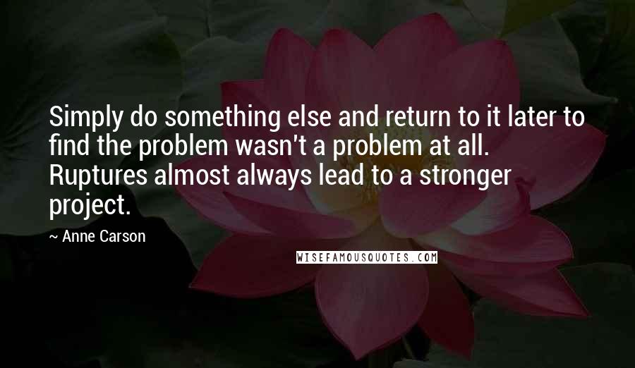 Anne Carson Quotes: Simply do something else and return to it later to find the problem wasn't a problem at all. Ruptures almost always lead to a stronger project.