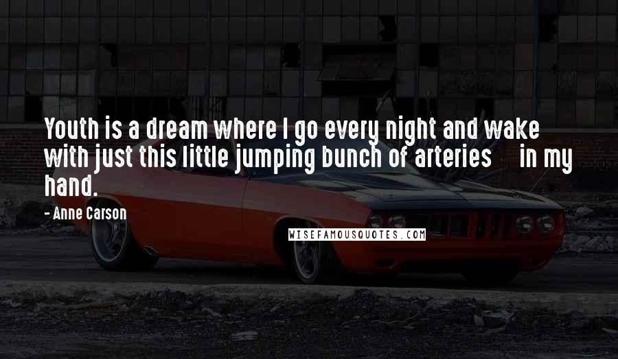 Anne Carson Quotes: Youth is a dream where I go every night and wake with just this little jumping bunch of arteries in my hand.
