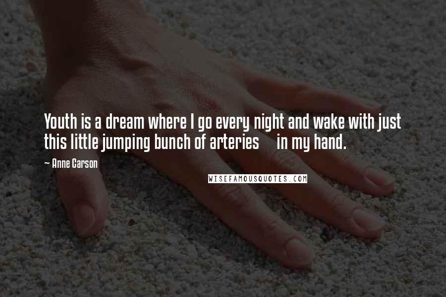 Anne Carson Quotes: Youth is a dream where I go every night and wake with just this little jumping bunch of arteries     in my hand.