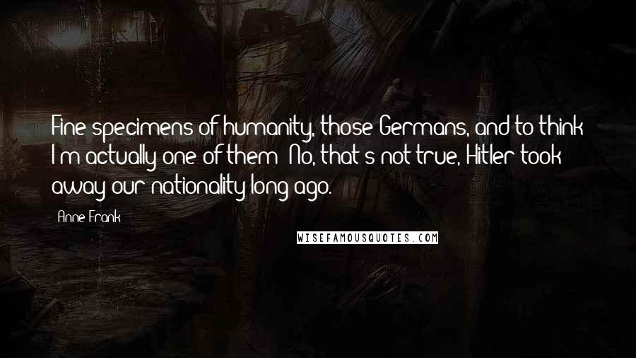 Anne Frank Quotes: Fine specimens of humanity, those Germans, and to think I'm actually one of them! No, that's not true, Hitler took away our nationality long ago.
