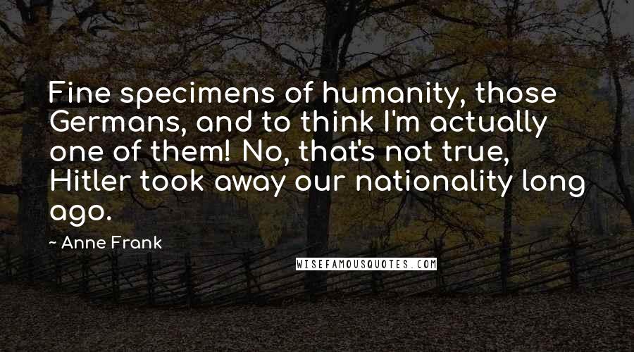 Anne Frank Quotes: Fine specimens of humanity, those Germans, and to think I'm actually one of them! No, that's not true, Hitler took away our nationality long ago.