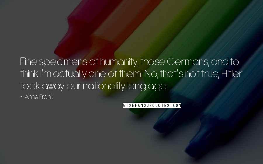 Anne Frank Quotes: Fine specimens of humanity, those Germans, and to think I'm actually one of them! No, that's not true, Hitler took away our nationality long ago.