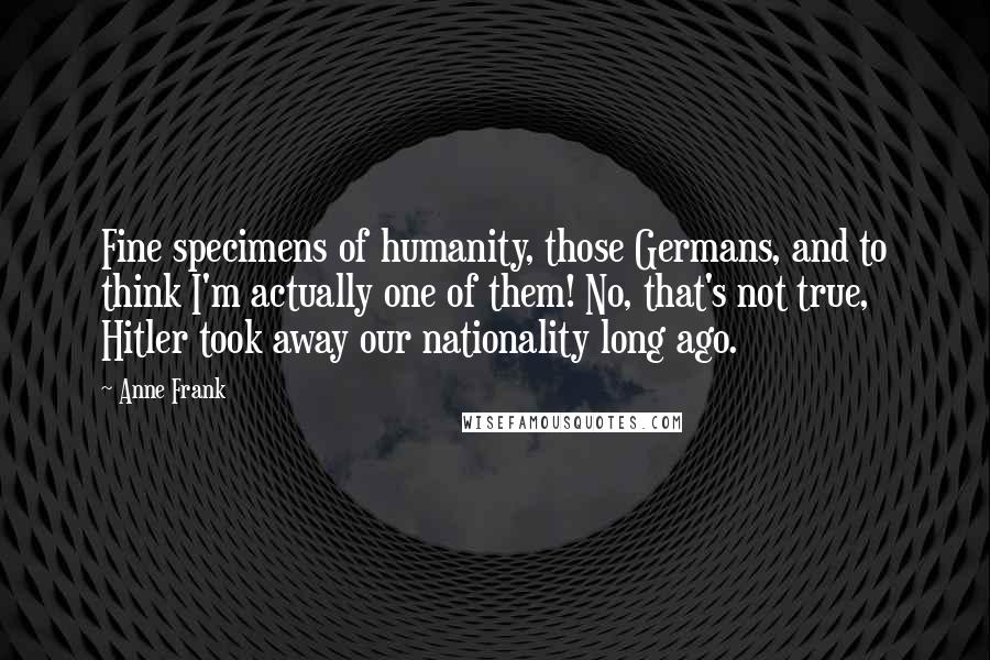 Anne Frank Quotes: Fine specimens of humanity, those Germans, and to think I'm actually one of them! No, that's not true, Hitler took away our nationality long ago.