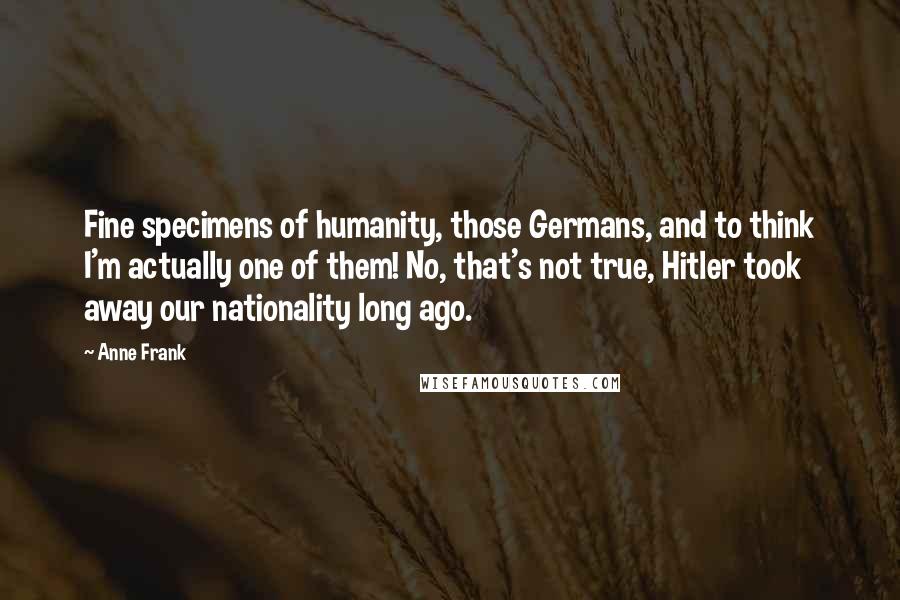 Anne Frank Quotes: Fine specimens of humanity, those Germans, and to think I'm actually one of them! No, that's not true, Hitler took away our nationality long ago.