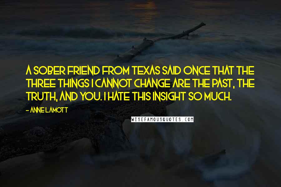 Anne Lamott Quotes: A sober friend from Texas said once that the three things I cannot change are the past, the truth, and you. I hate this insight so much.