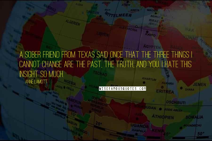 Anne Lamott Quotes: A sober friend from Texas said once that the three things I cannot change are the past, the truth, and you. I hate this insight so much.