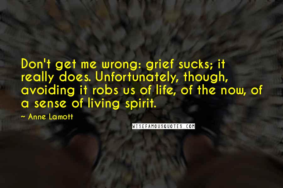 Anne Lamott Quotes: Don't get me wrong: grief sucks; it really does. Unfortunately, though, avoiding it robs us of life, of the now, of a sense of living spirit.