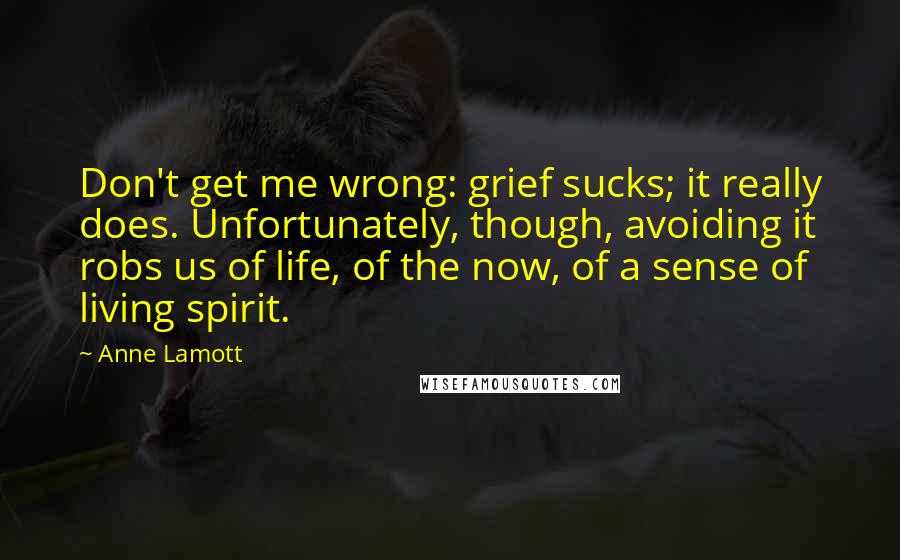 Anne Lamott Quotes: Don't get me wrong: grief sucks; it really does. Unfortunately, though, avoiding it robs us of life, of the now, of a sense of living spirit.