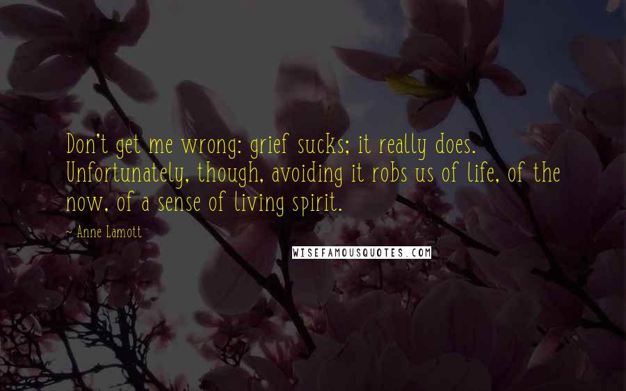 Anne Lamott Quotes: Don't get me wrong: grief sucks; it really does. Unfortunately, though, avoiding it robs us of life, of the now, of a sense of living spirit.