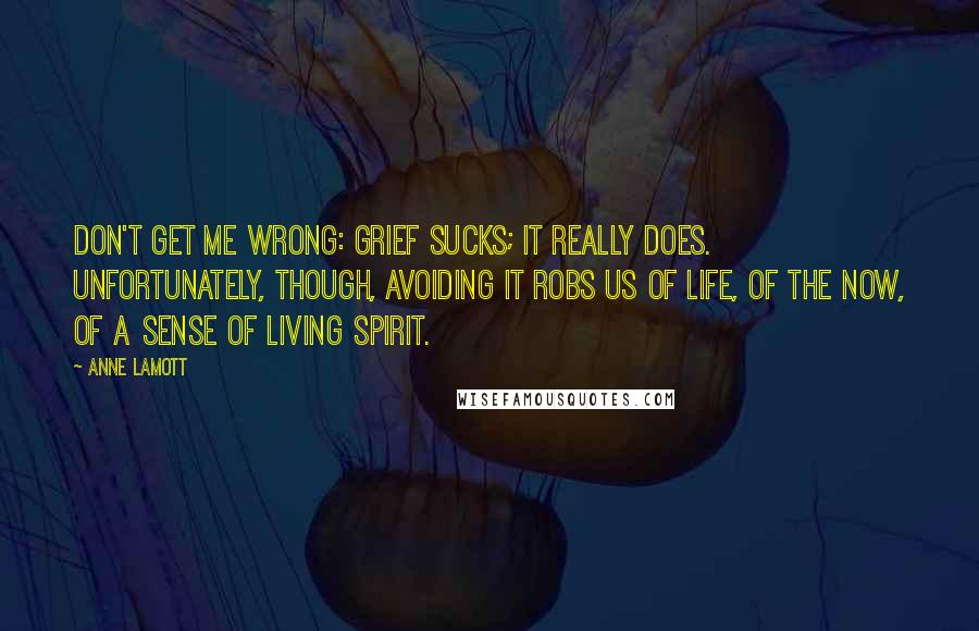 Anne Lamott Quotes: Don't get me wrong: grief sucks; it really does. Unfortunately, though, avoiding it robs us of life, of the now, of a sense of living spirit.
