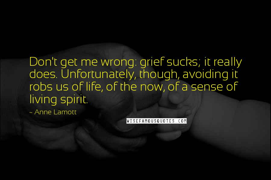 Anne Lamott Quotes: Don't get me wrong: grief sucks; it really does. Unfortunately, though, avoiding it robs us of life, of the now, of a sense of living spirit.