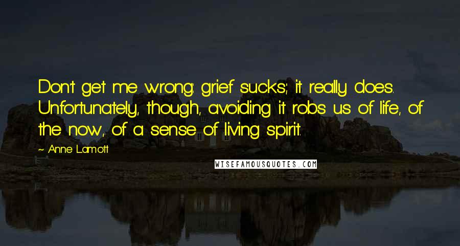 Anne Lamott Quotes: Don't get me wrong: grief sucks; it really does. Unfortunately, though, avoiding it robs us of life, of the now, of a sense of living spirit.