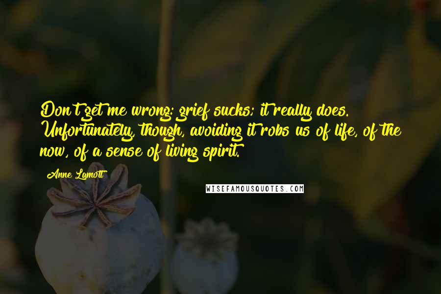 Anne Lamott Quotes: Don't get me wrong: grief sucks; it really does. Unfortunately, though, avoiding it robs us of life, of the now, of a sense of living spirit.