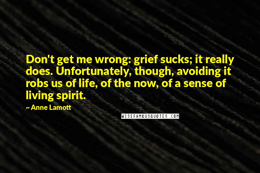 Anne Lamott Quotes: Don't get me wrong: grief sucks; it really does. Unfortunately, though, avoiding it robs us of life, of the now, of a sense of living spirit.