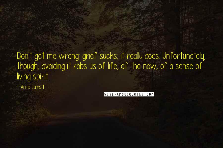 Anne Lamott Quotes: Don't get me wrong: grief sucks; it really does. Unfortunately, though, avoiding it robs us of life, of the now, of a sense of living spirit.