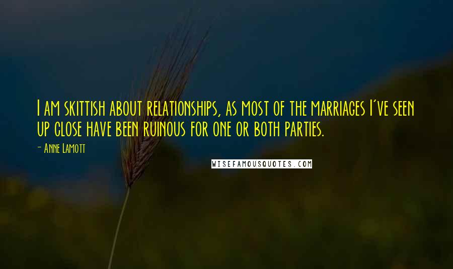 Anne Lamott Quotes: I am skittish about relationships, as most of the marriages I've seen up close have been ruinous for one or both parties.
