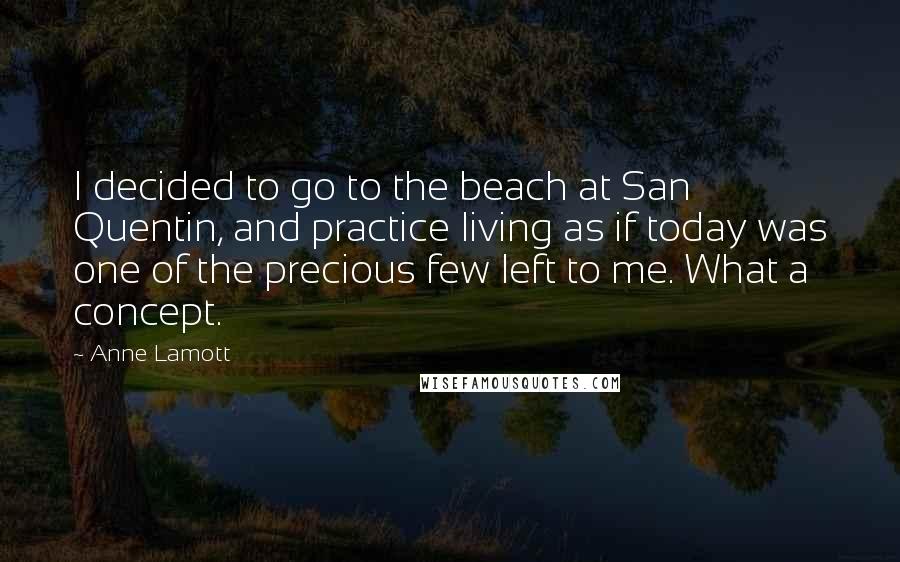 Anne Lamott Quotes: I decided to go to the beach at San Quentin, and practice living as if today was one of the precious few left to me. What a concept.