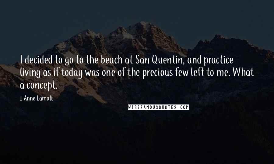 Anne Lamott Quotes: I decided to go to the beach at San Quentin, and practice living as if today was one of the precious few left to me. What a concept.