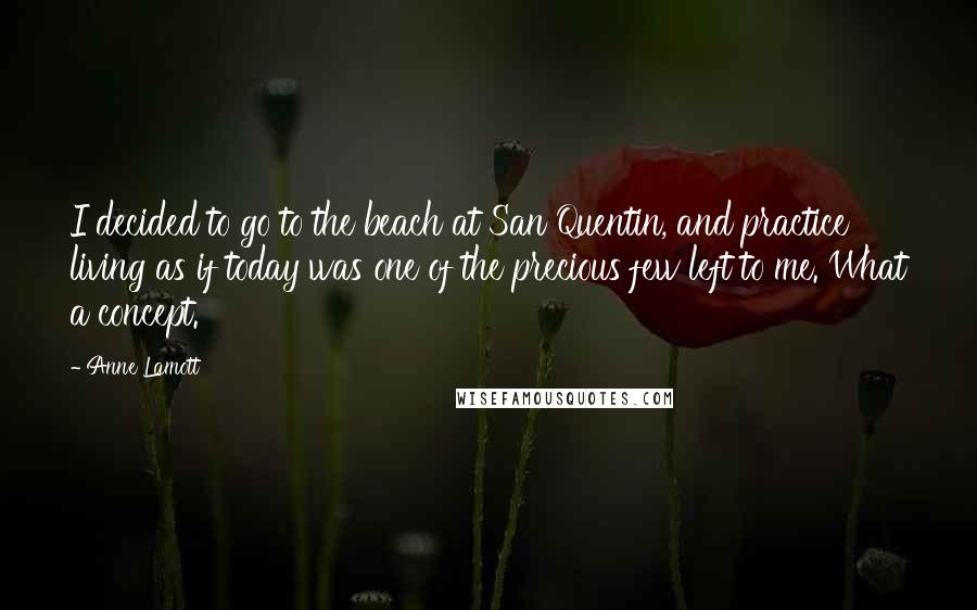 Anne Lamott Quotes: I decided to go to the beach at San Quentin, and practice living as if today was one of the precious few left to me. What a concept.