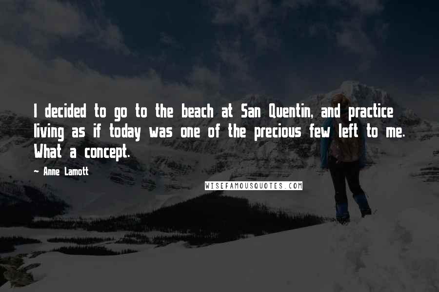 Anne Lamott Quotes: I decided to go to the beach at San Quentin, and practice living as if today was one of the precious few left to me. What a concept.