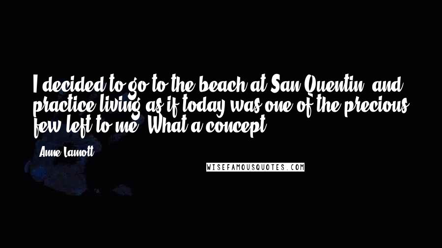 Anne Lamott Quotes: I decided to go to the beach at San Quentin, and practice living as if today was one of the precious few left to me. What a concept.