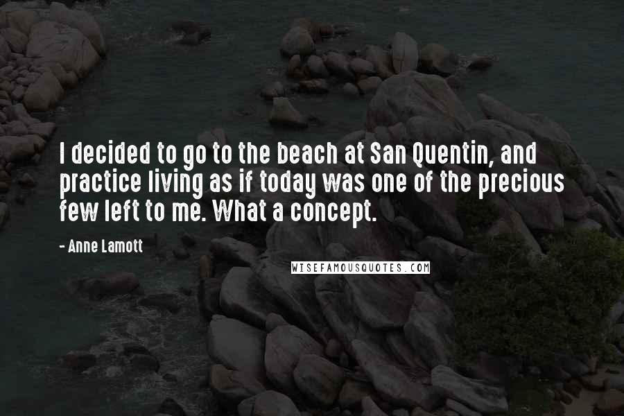 Anne Lamott Quotes: I decided to go to the beach at San Quentin, and practice living as if today was one of the precious few left to me. What a concept.