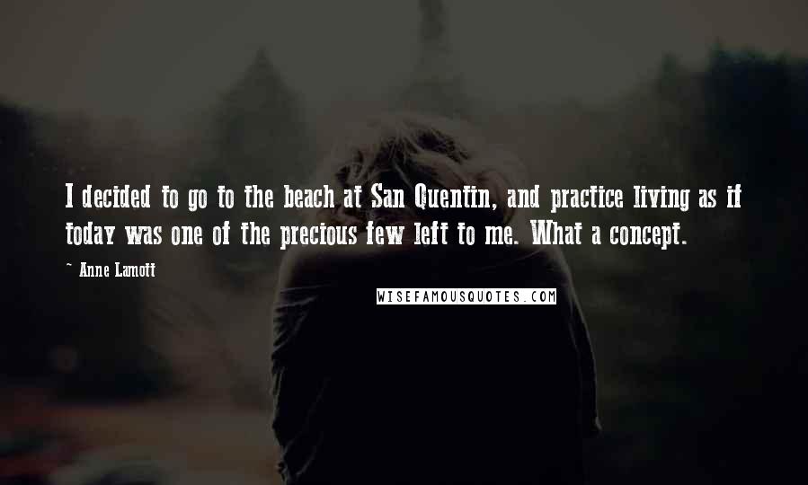 Anne Lamott Quotes: I decided to go to the beach at San Quentin, and practice living as if today was one of the precious few left to me. What a concept.