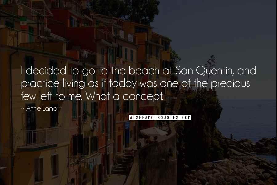 Anne Lamott Quotes: I decided to go to the beach at San Quentin, and practice living as if today was one of the precious few left to me. What a concept.