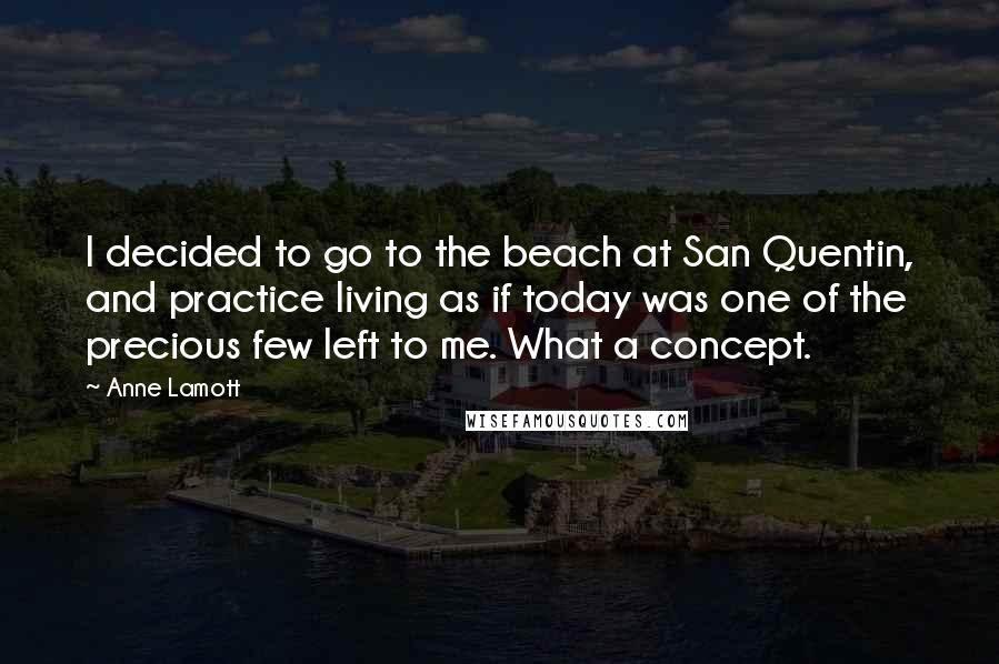 Anne Lamott Quotes: I decided to go to the beach at San Quentin, and practice living as if today was one of the precious few left to me. What a concept.