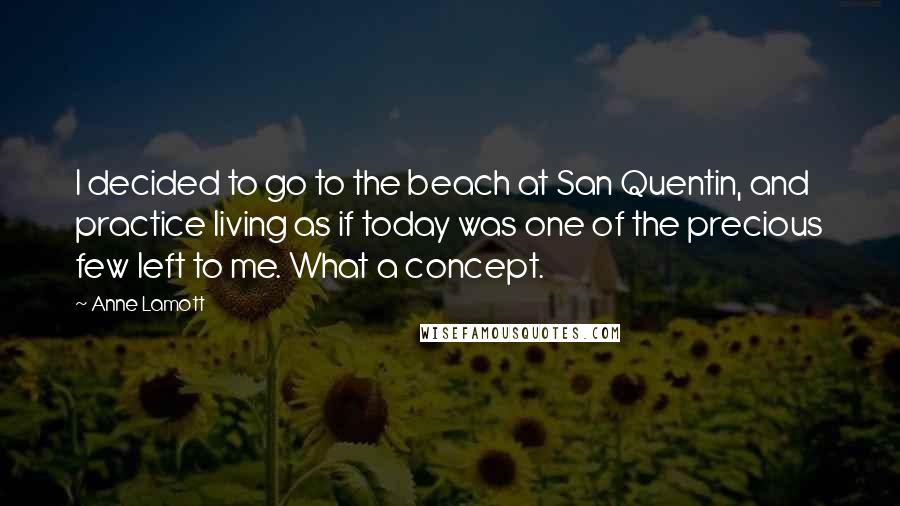Anne Lamott Quotes: I decided to go to the beach at San Quentin, and practice living as if today was one of the precious few left to me. What a concept.