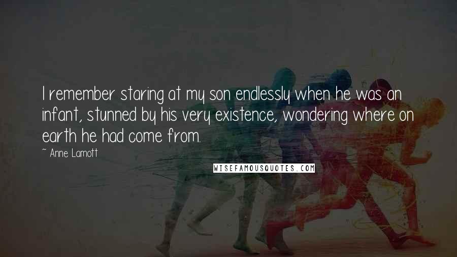 Anne Lamott Quotes: I remember staring at my son endlessly when he was an infant, stunned by his very existence, wondering where on earth he had come from.