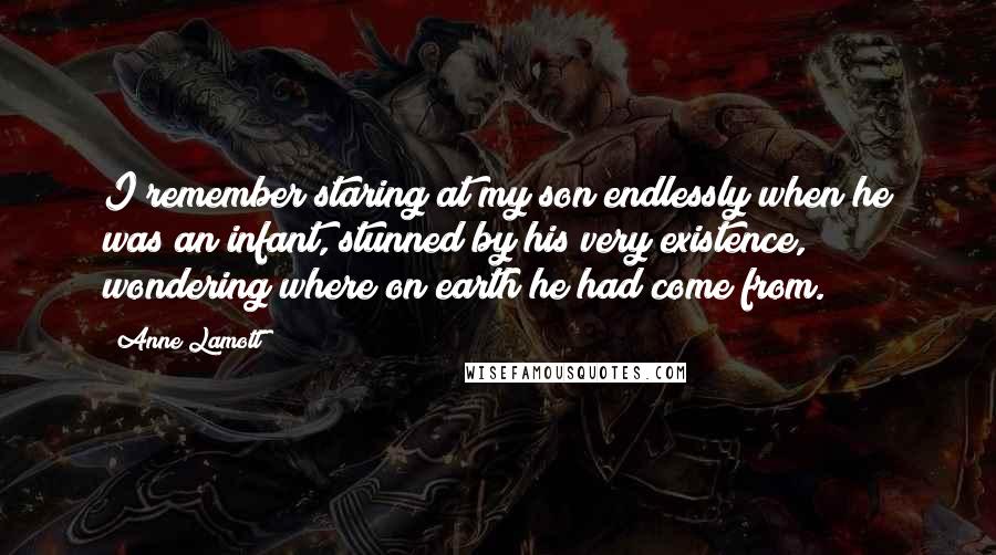 Anne Lamott Quotes: I remember staring at my son endlessly when he was an infant, stunned by his very existence, wondering where on earth he had come from.