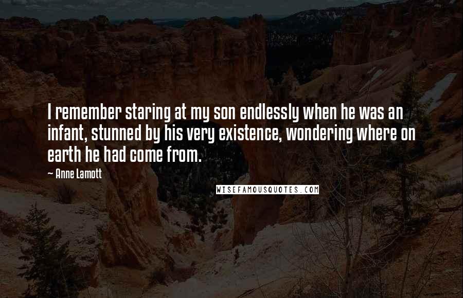 Anne Lamott Quotes: I remember staring at my son endlessly when he was an infant, stunned by his very existence, wondering where on earth he had come from.