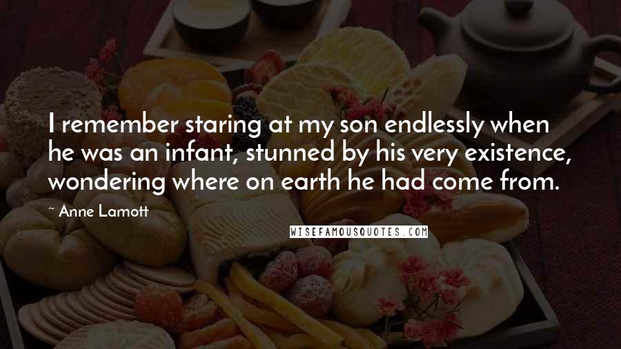 Anne Lamott Quotes: I remember staring at my son endlessly when he was an infant, stunned by his very existence, wondering where on earth he had come from.