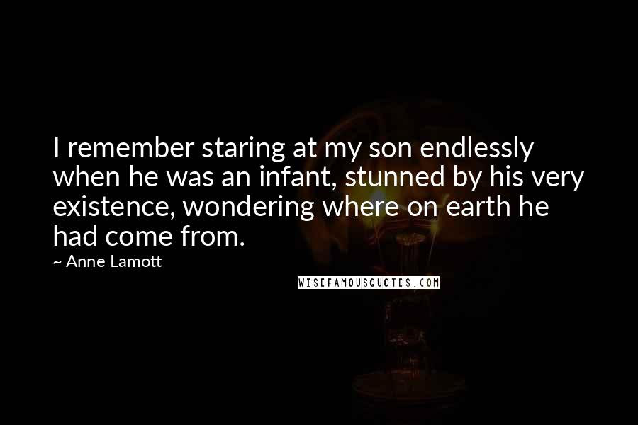 Anne Lamott Quotes: I remember staring at my son endlessly when he was an infant, stunned by his very existence, wondering where on earth he had come from.