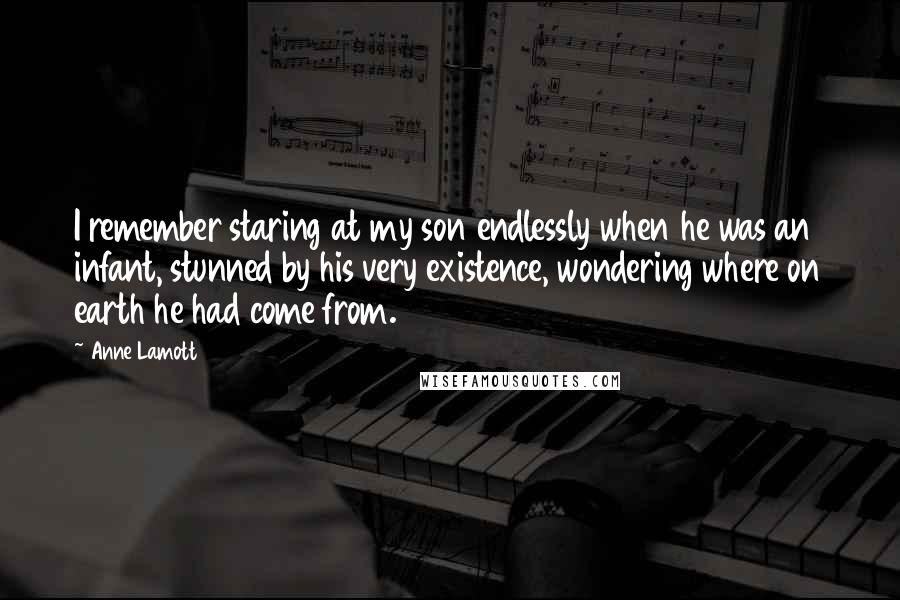 Anne Lamott Quotes: I remember staring at my son endlessly when he was an infant, stunned by his very existence, wondering where on earth he had come from.