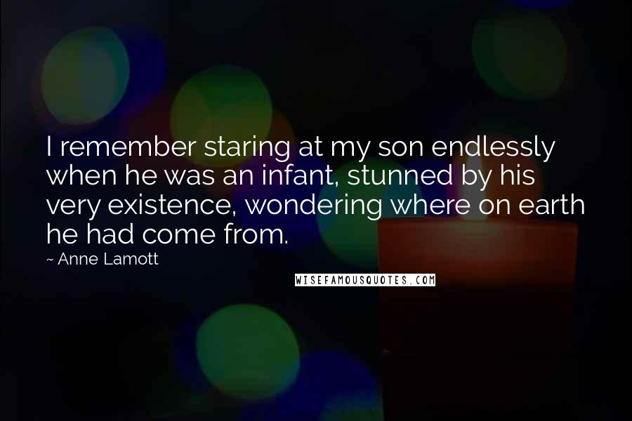 Anne Lamott Quotes: I remember staring at my son endlessly when he was an infant, stunned by his very existence, wondering where on earth he had come from.